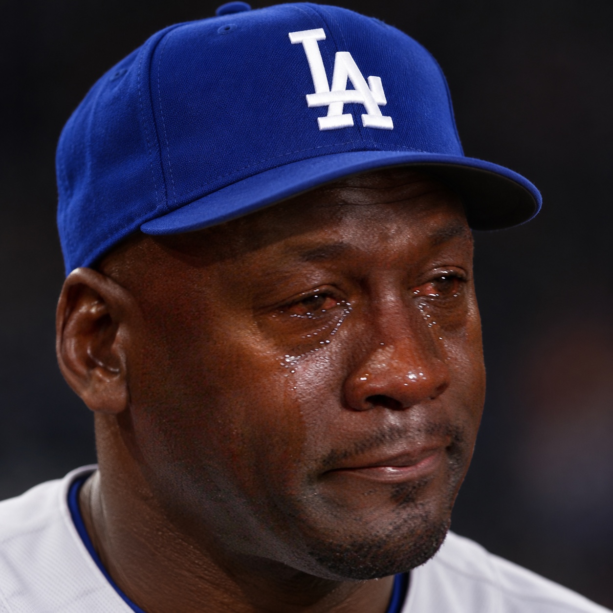 Edited crying Jordan fan meme wearing a Dodgers cap