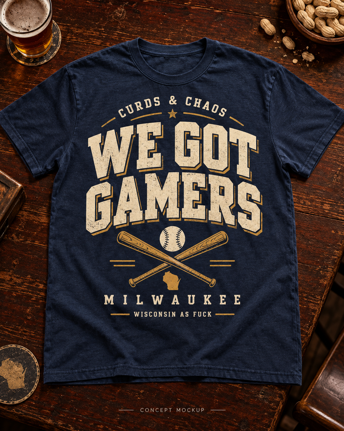 New washed navy Curds and Chaos We Got Gamers tee concept