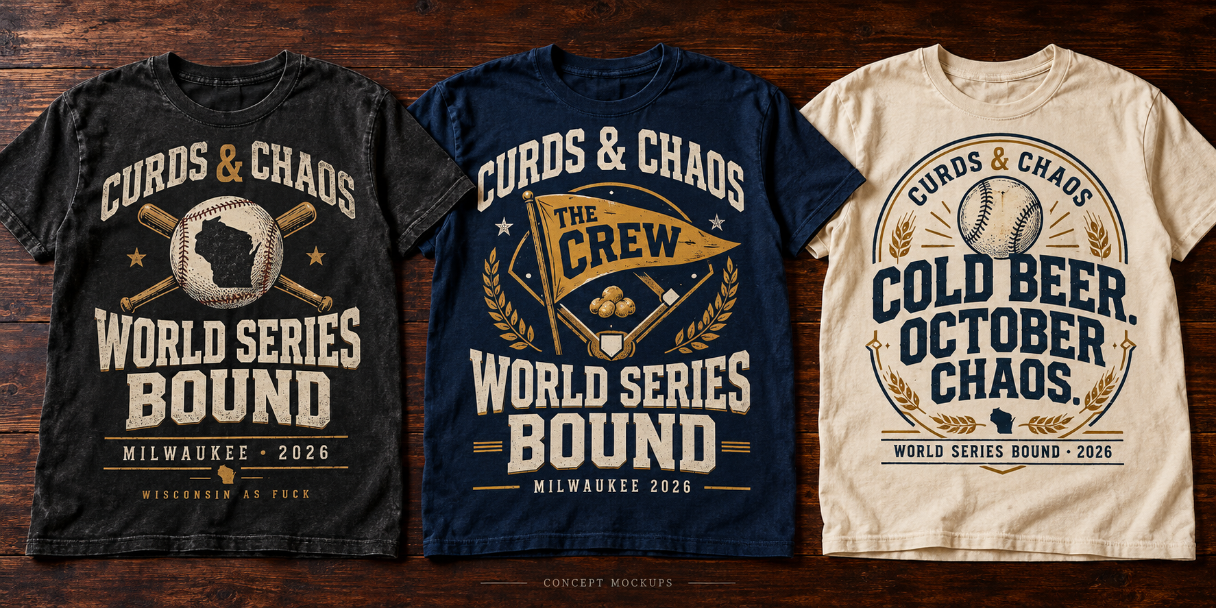 Three tee concepts, left to right: washed black Wisconsin as Fuck, navy The Crew, and vintage cream Cold Beer October Chaos.